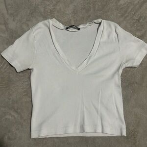 Classic White V-Neck Ribbed Short-Sleeve Top